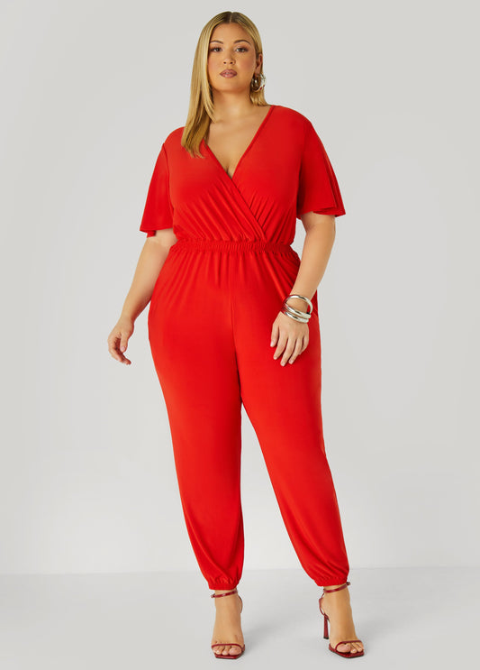 Faux Wrap Stretch Knit Jumpsuit