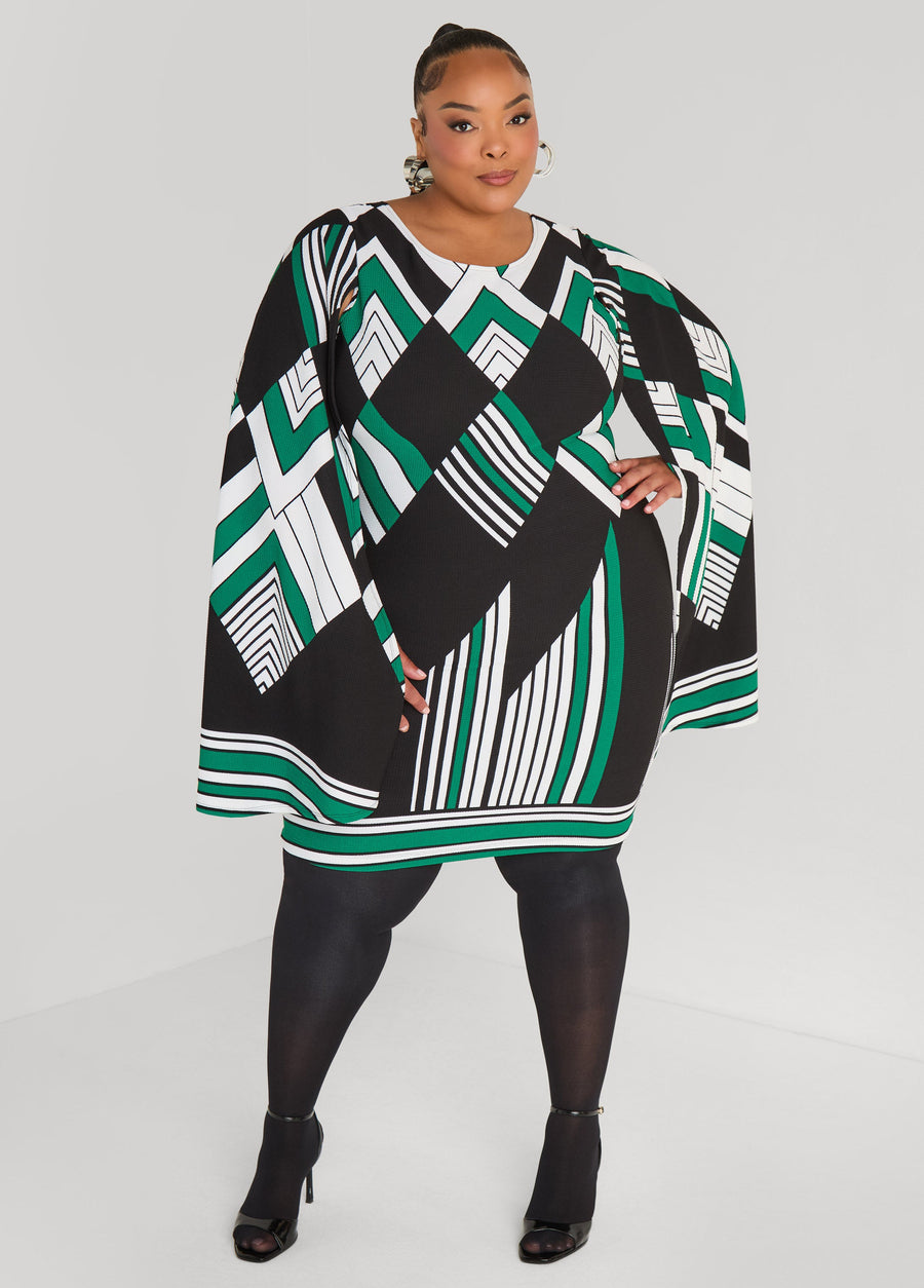 Plus Size Cape Effect Geo Print Dress