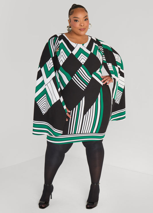 Plus Size Cape Effect Geo Print Dress