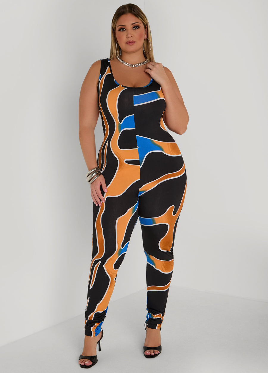 Plus Size Abstract Print Catsuit