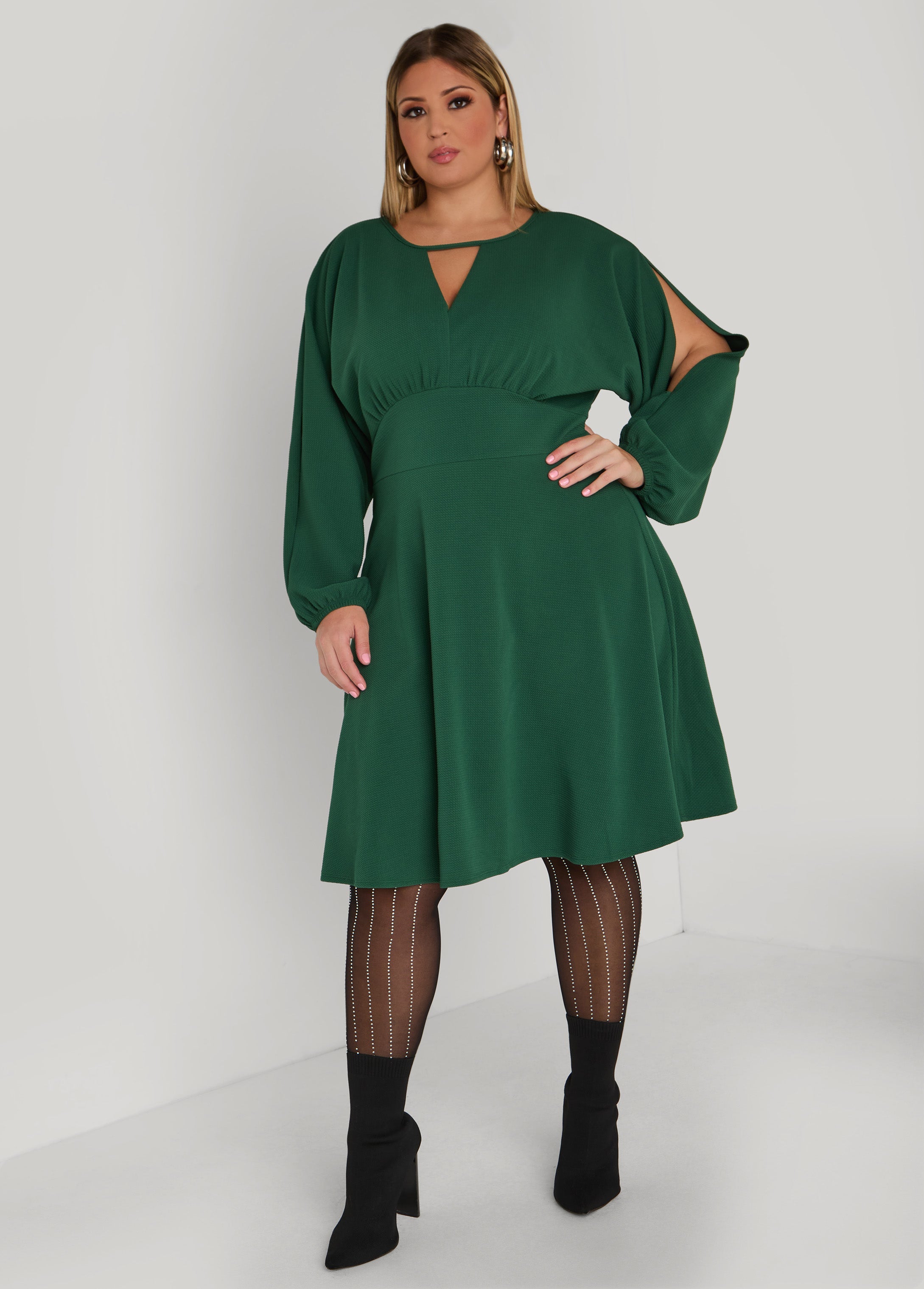 Plus Size Split Sleeve Textured A Line Dress