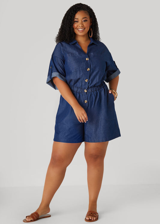 Plus Size Cuffed Chambray Romper