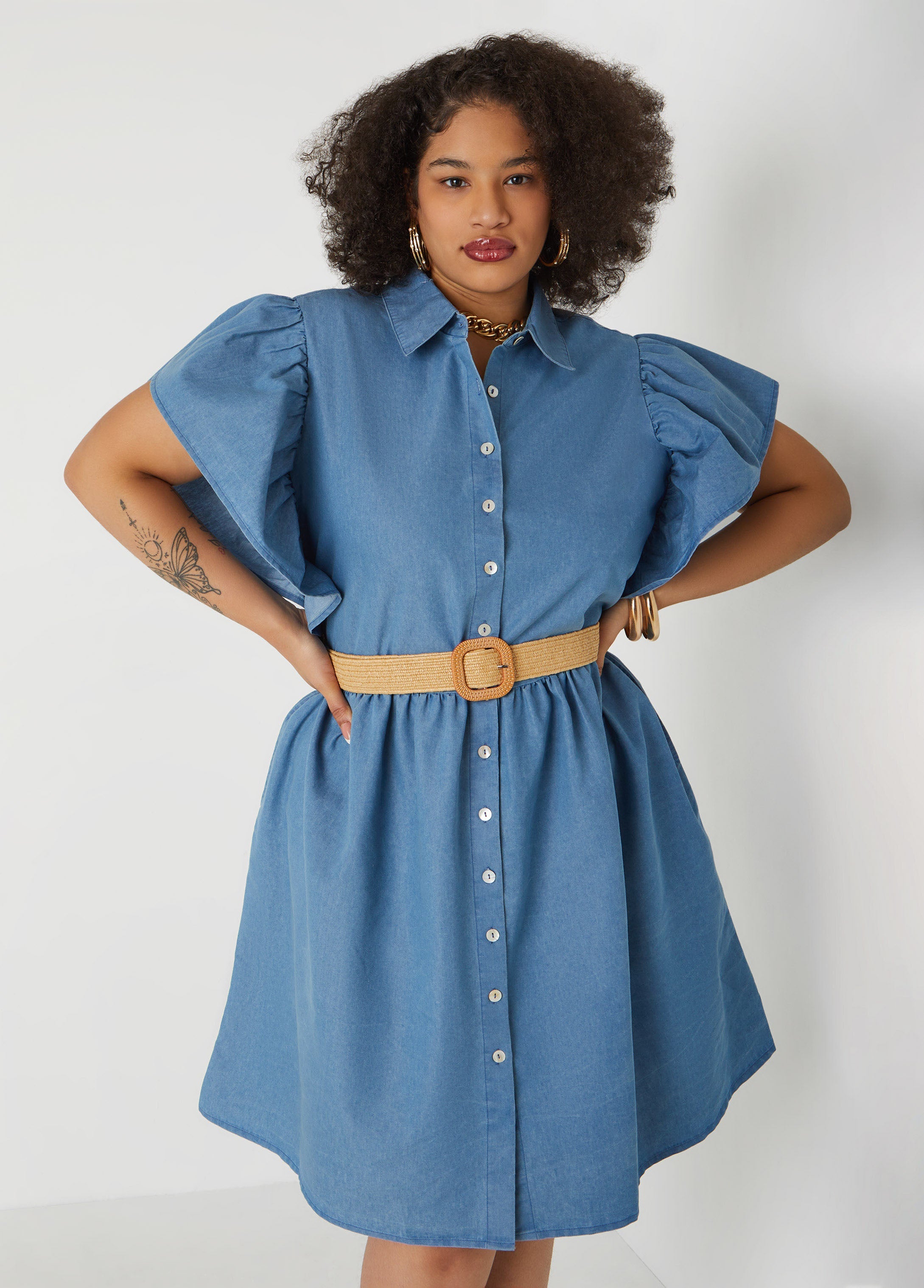 Plus Size Belted A Line Chambray Dress