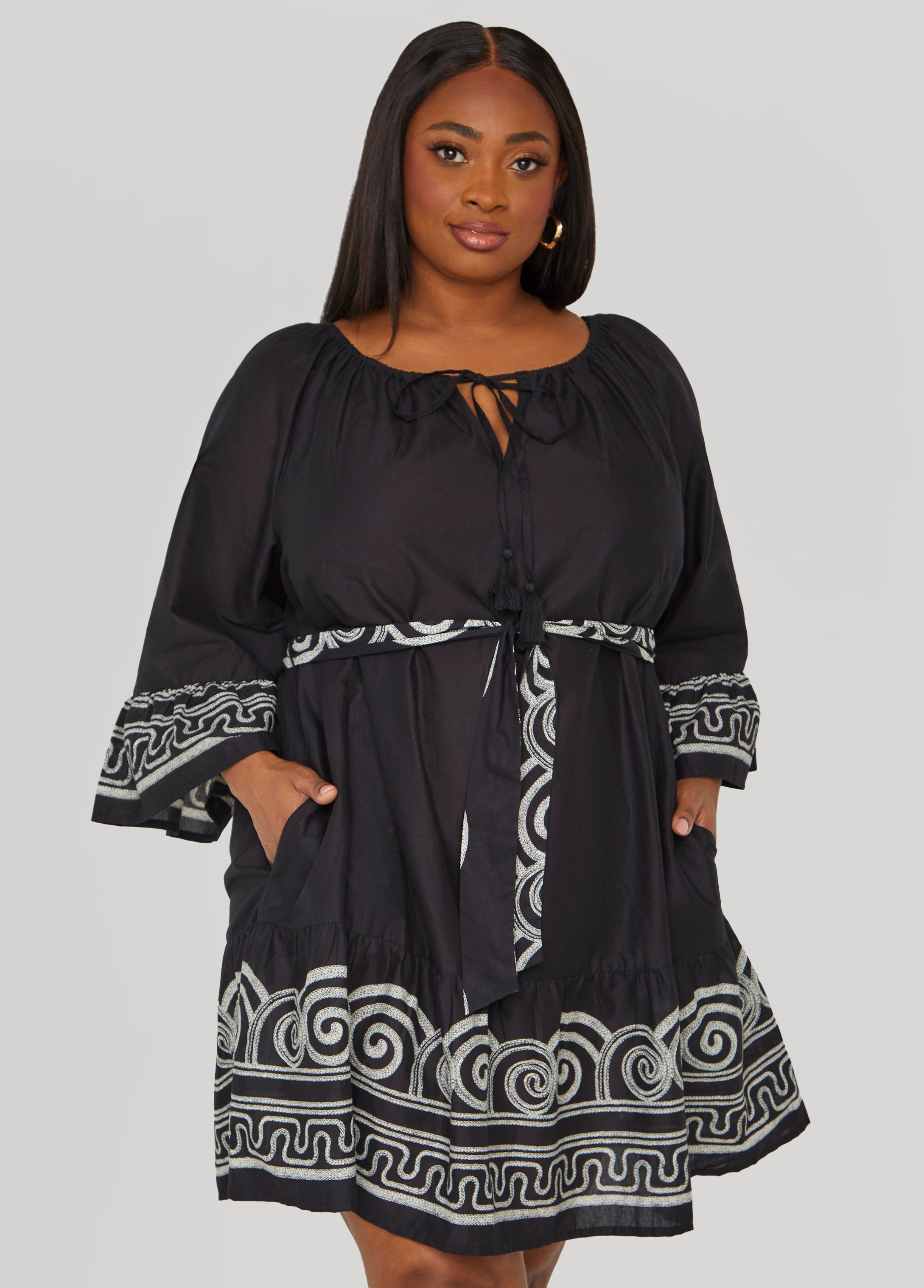 Plus Size Scroll Print Cotton Swing Dress