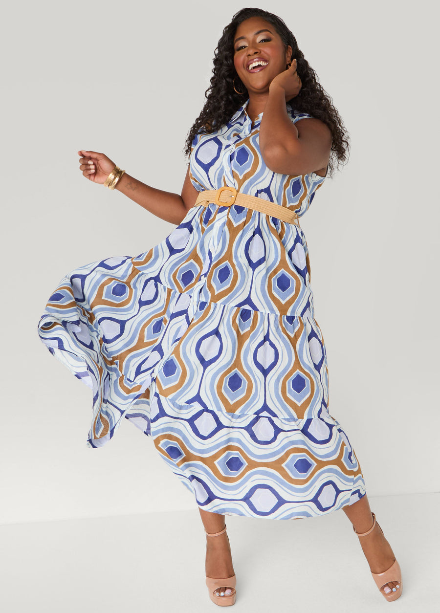 Plus Size Geo Print Maxi Shirtdress