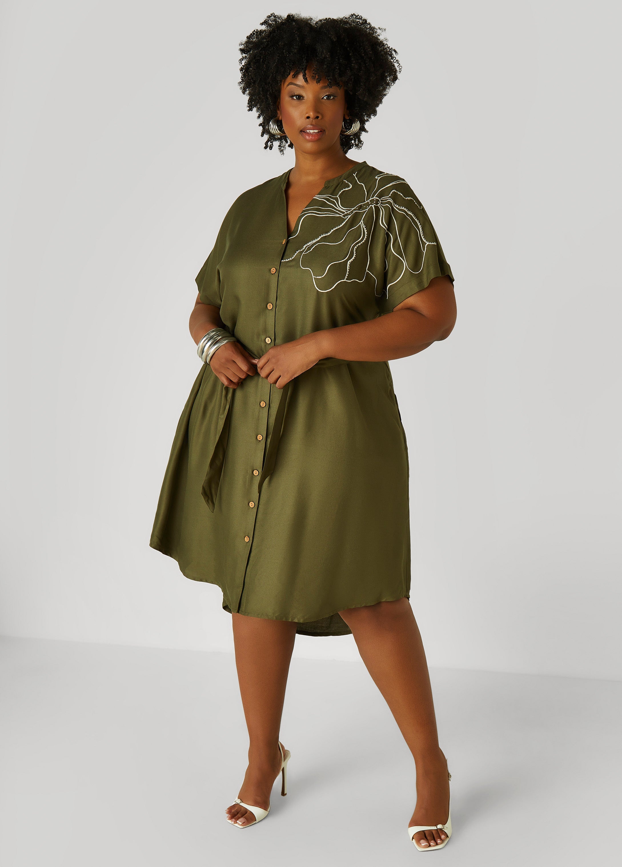 Plus Size Embroidered Beaded Midi Shirtdress