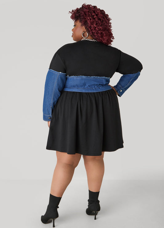 Denim Paneled Terry Dress