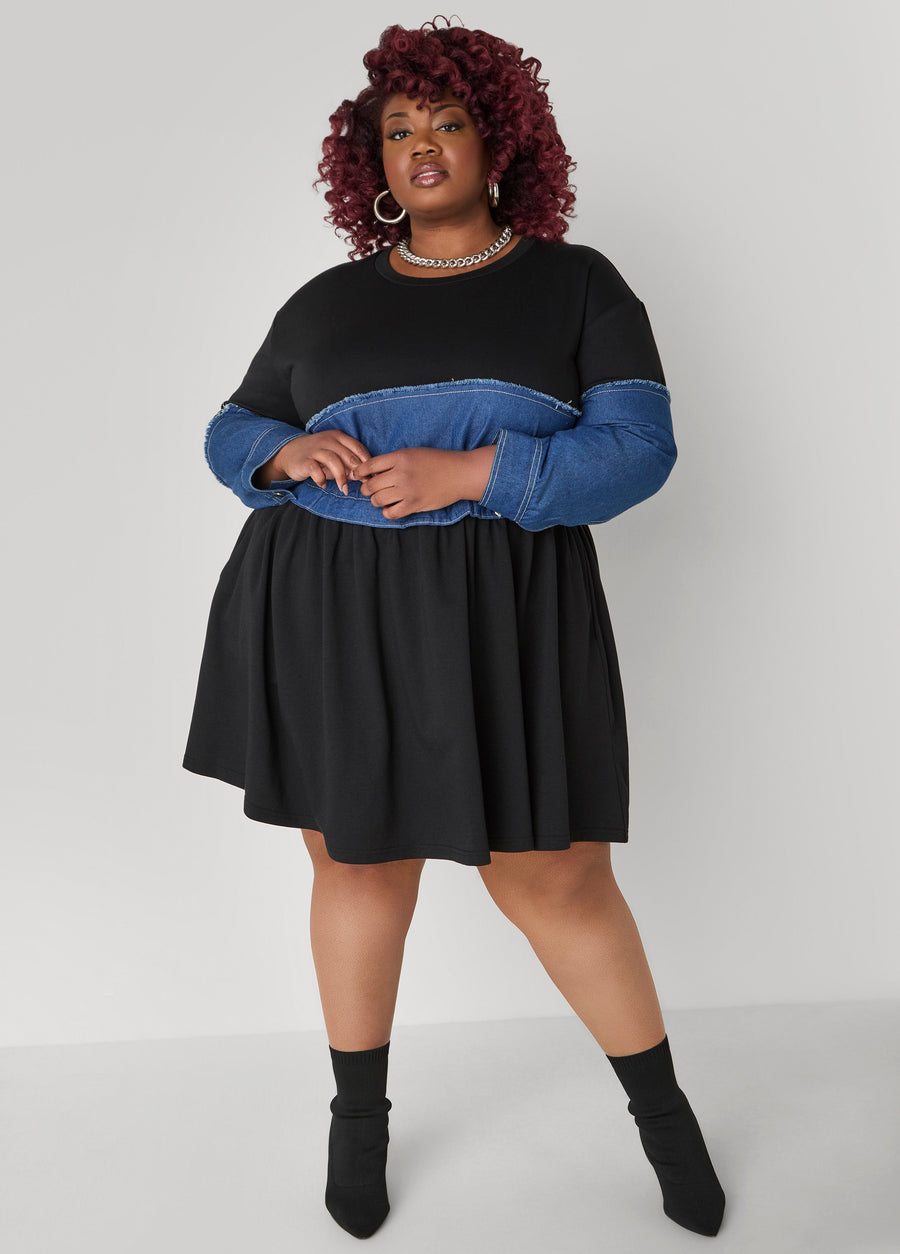 Plus Size Cotton Dress Black Terry Fit Flare Dress Athleisure Dress