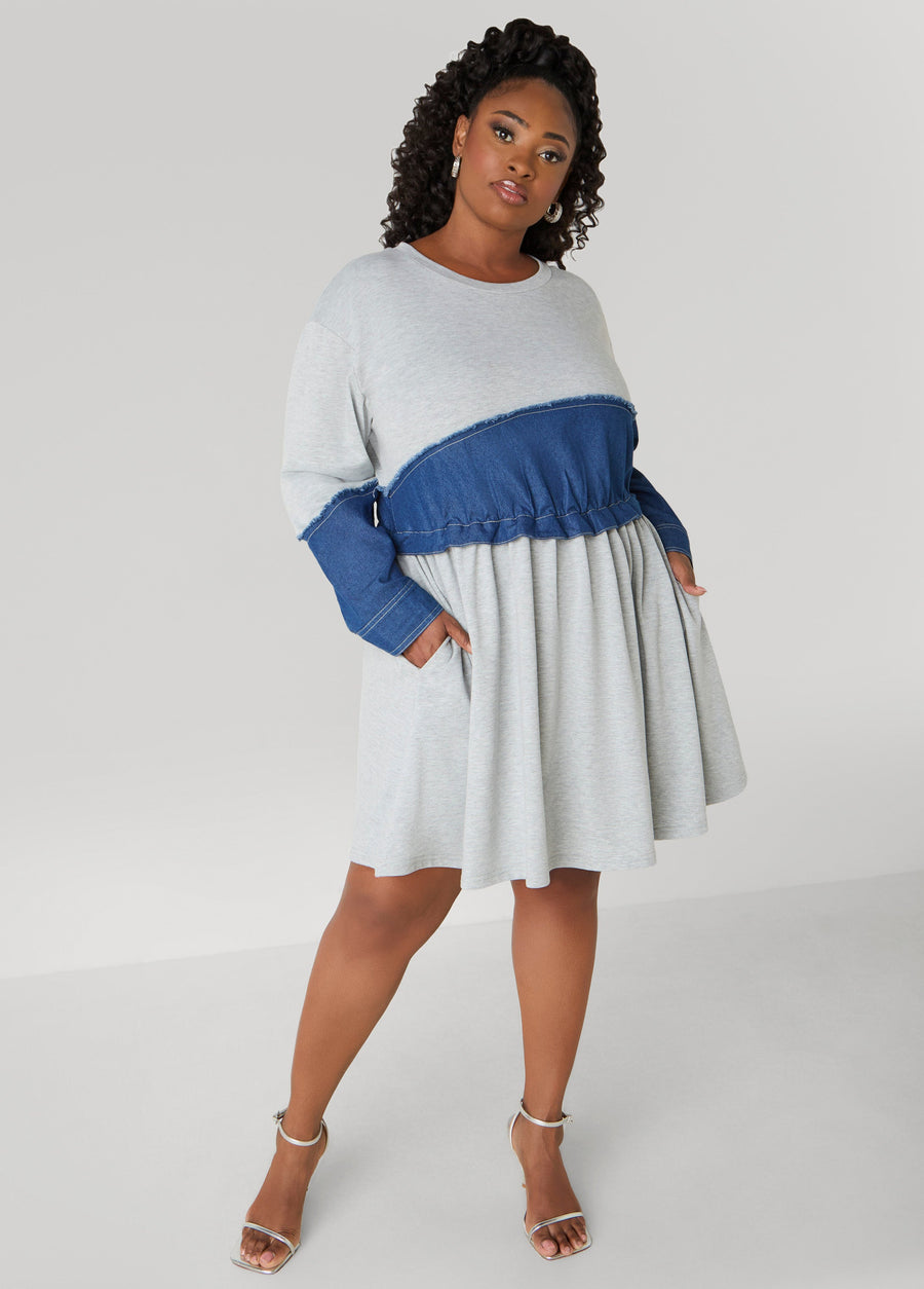 Plus Size Cotton Dress Gray Terry Fit Flare Dress Athleisure Dress