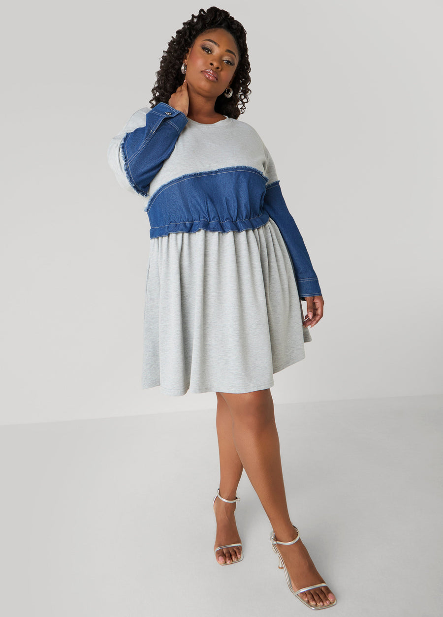 Plus Size Cotton Dress Gray Terry Fit Flare Dress Athleisure Dress