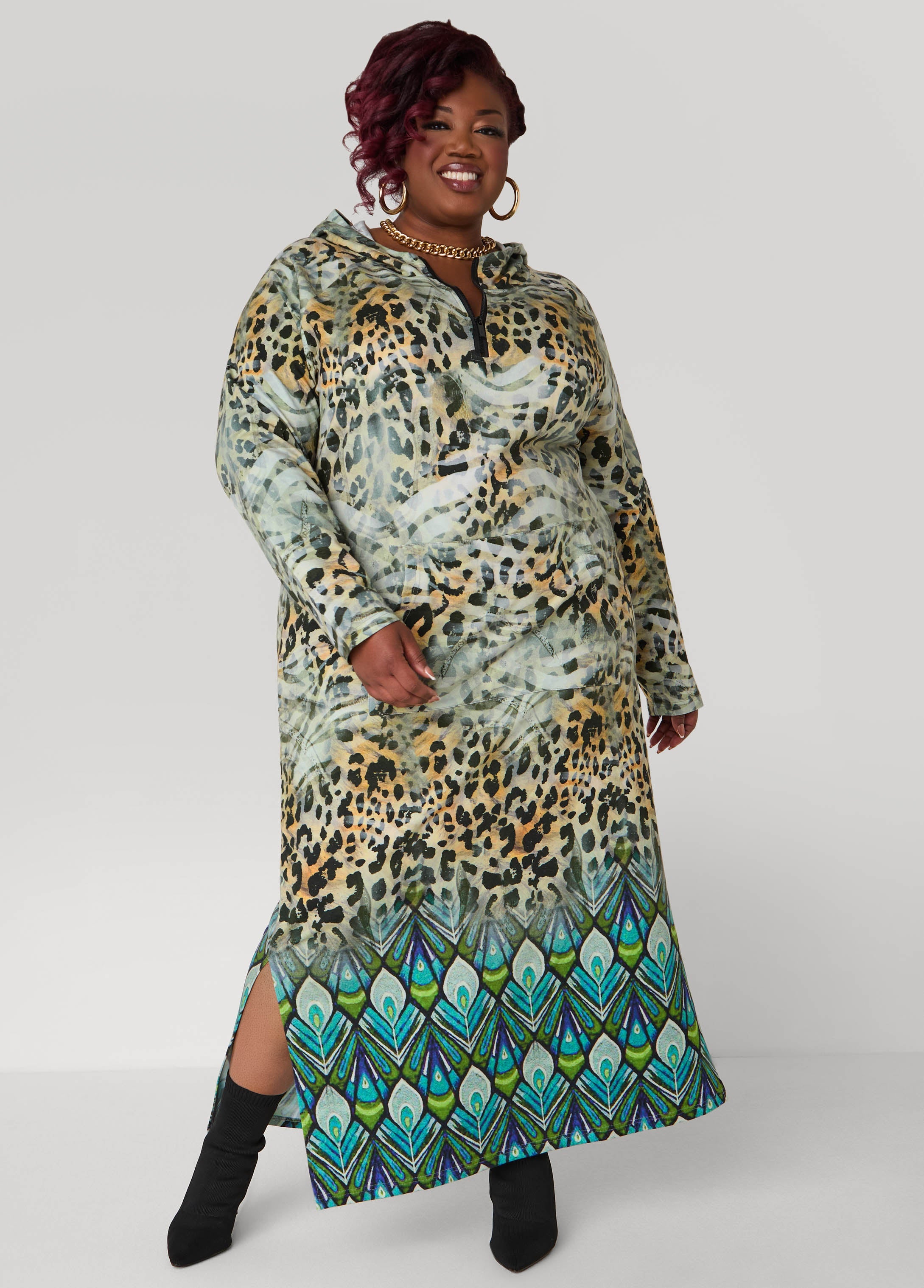 Plus Size Animal Print Hooded Maxi Dress