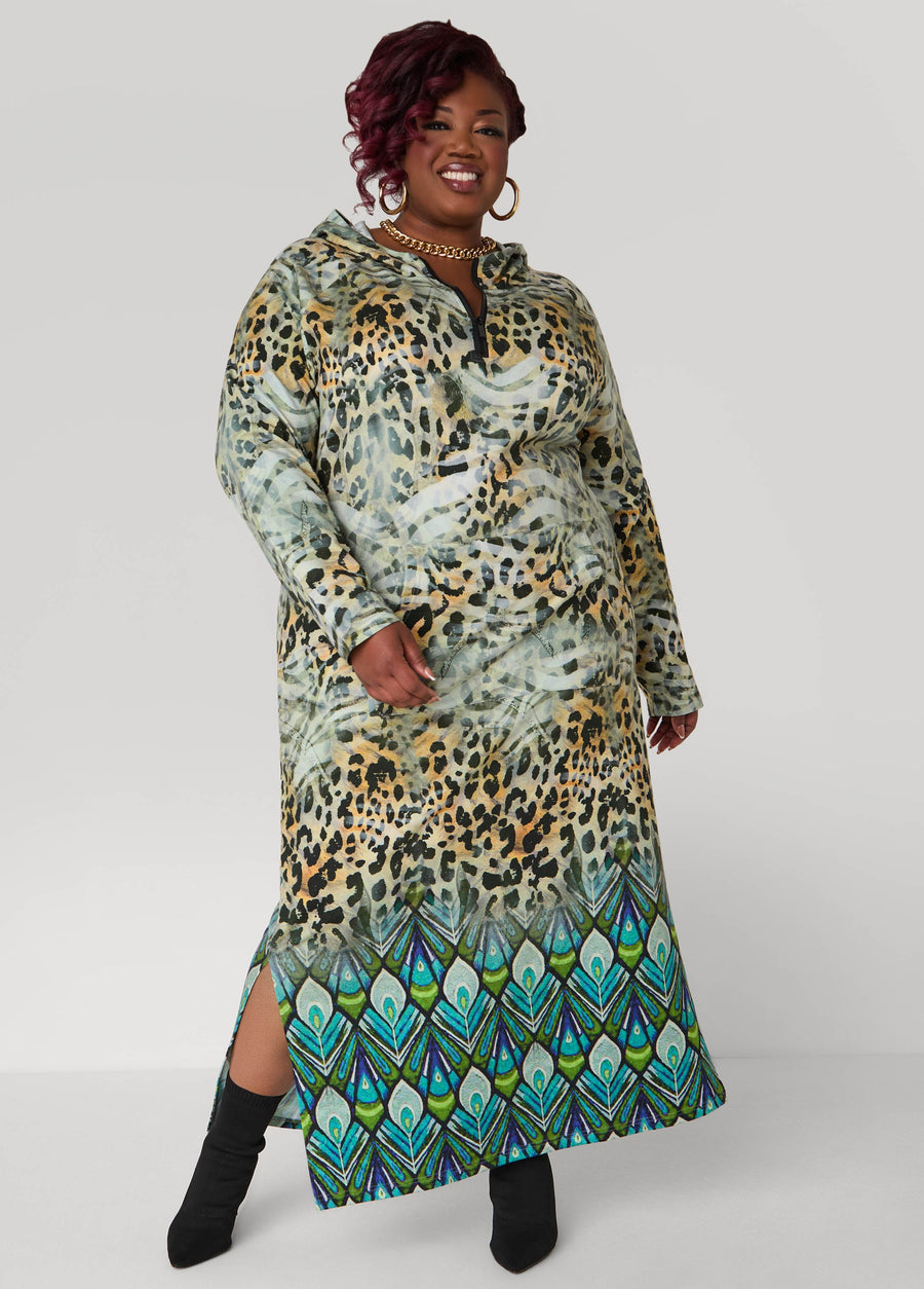 Plus Size Animal Print Hooded Maxi Dress