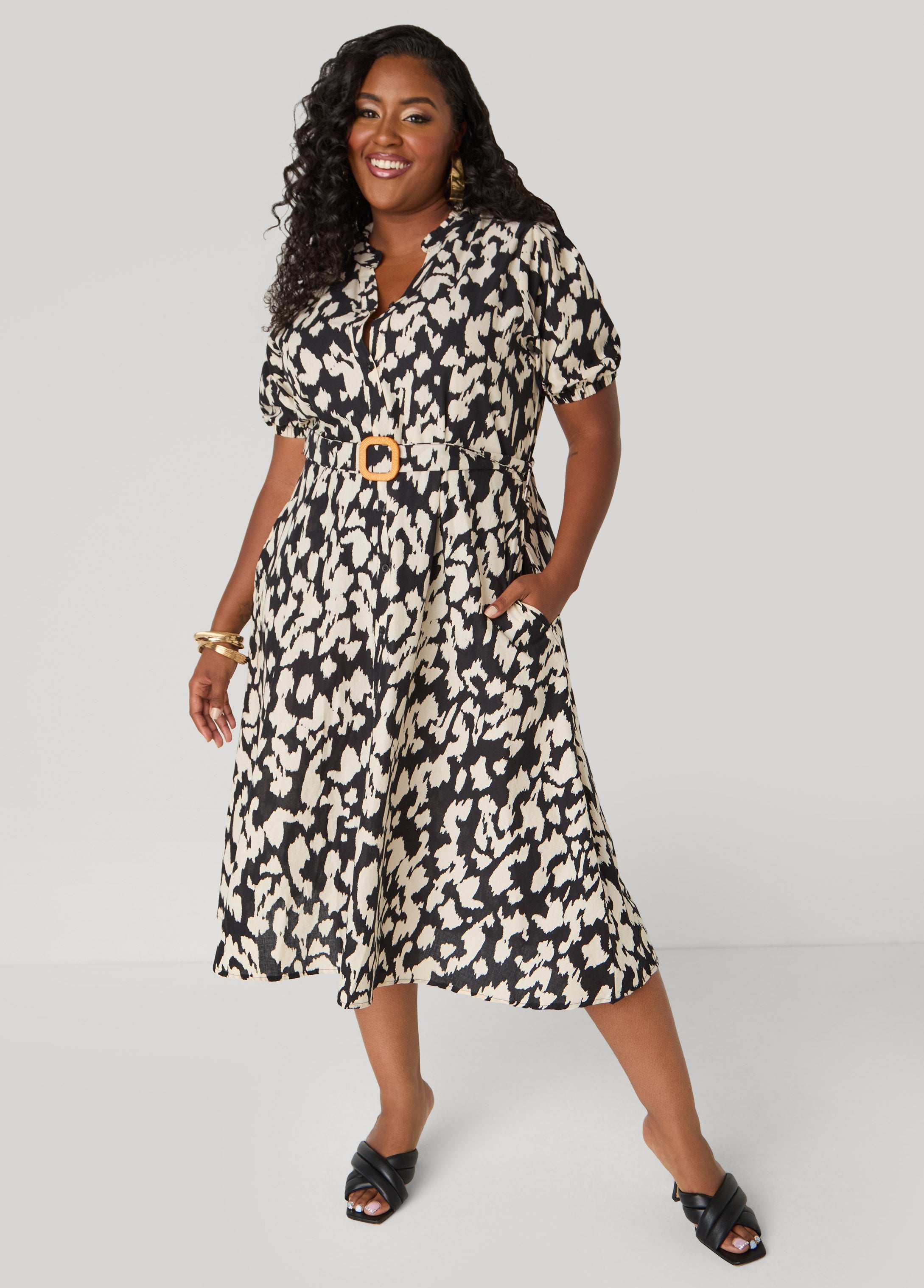 Plus Size Abstract Print Cotton Shirtdress