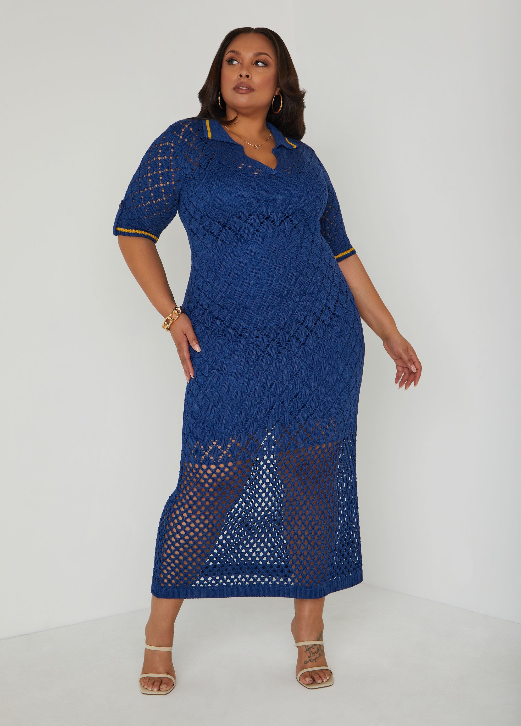 Plus Size Pointelle Knit Polo Maxi Dress