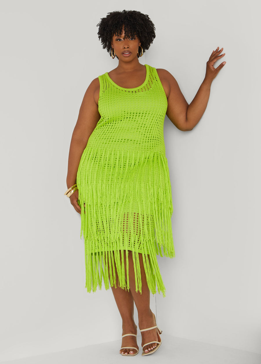 Plus Size Fringed Crochet Tank Dress