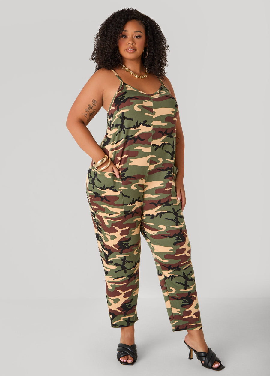 Plus Size Camo Print Jersey Jumpsuit