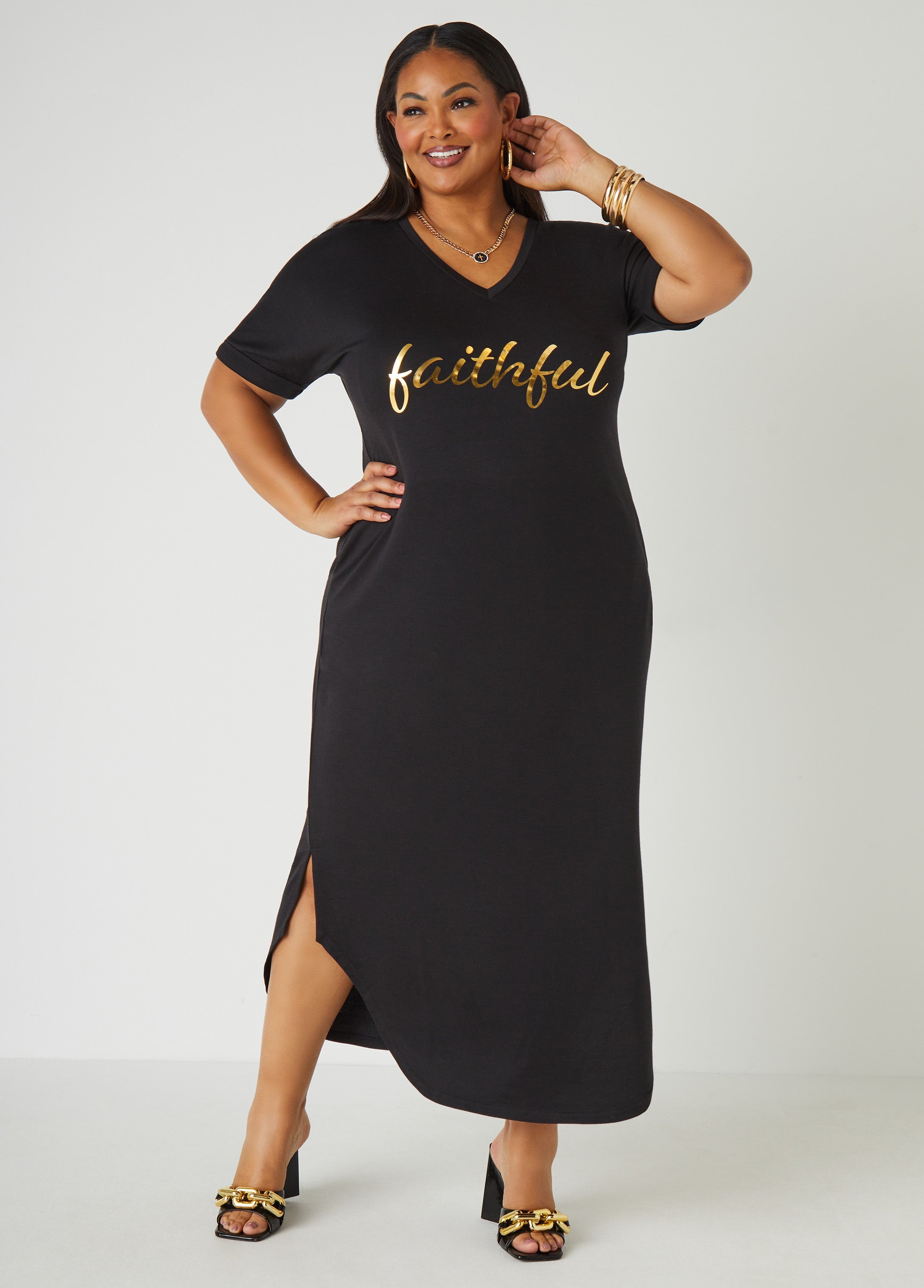 Plus Size metallic graphic t shirt dress tee shirt casual dresses