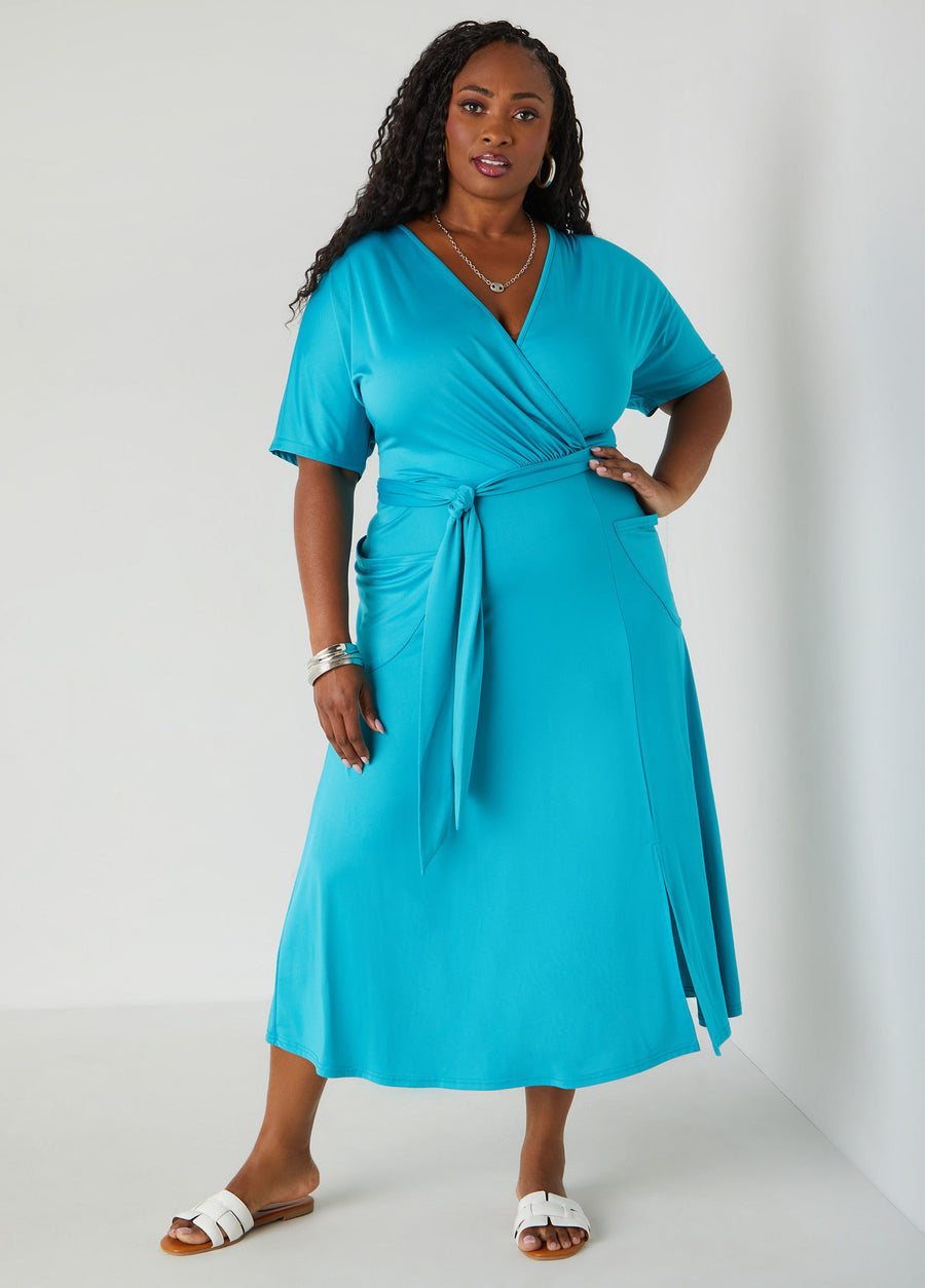Plus Size Belted Faux Wrap Midi Dress