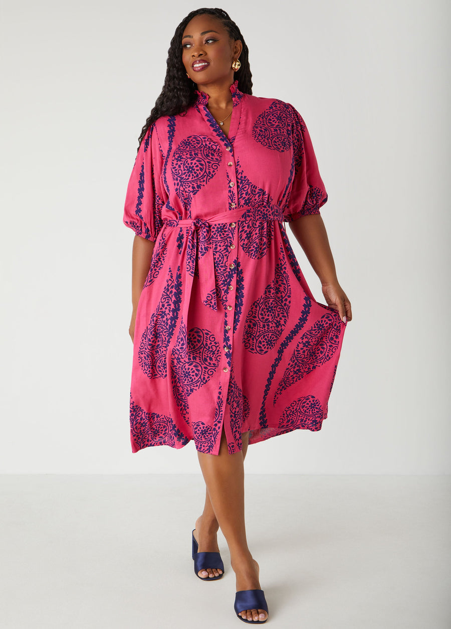 Plus Size Ruffled Floral Print Shirtdress