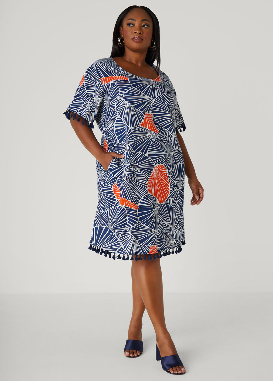 Plus Size Tasseled Leaf Print Dress