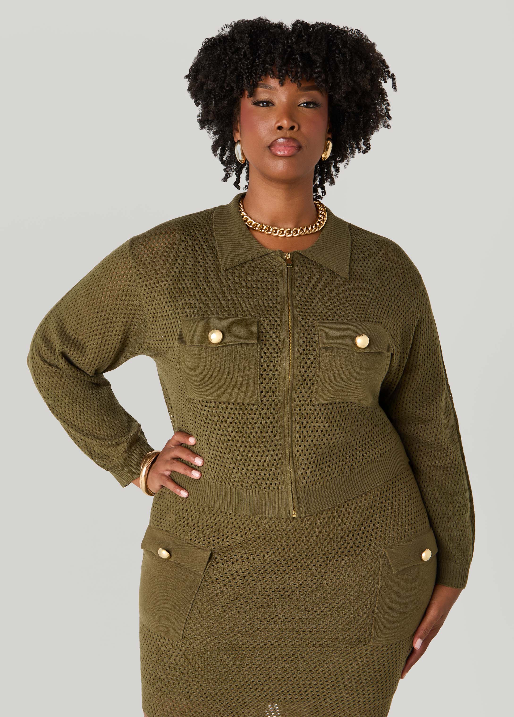 Plus Size Zip Front Crochet Cardigan