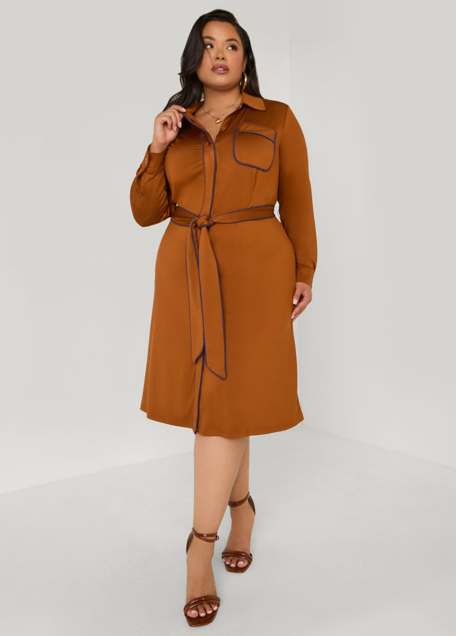 Plus Size Belted Stretch Knit Shirtdress