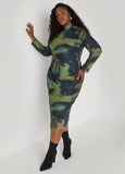 Plus Size Ruched Printed Mesh Dress