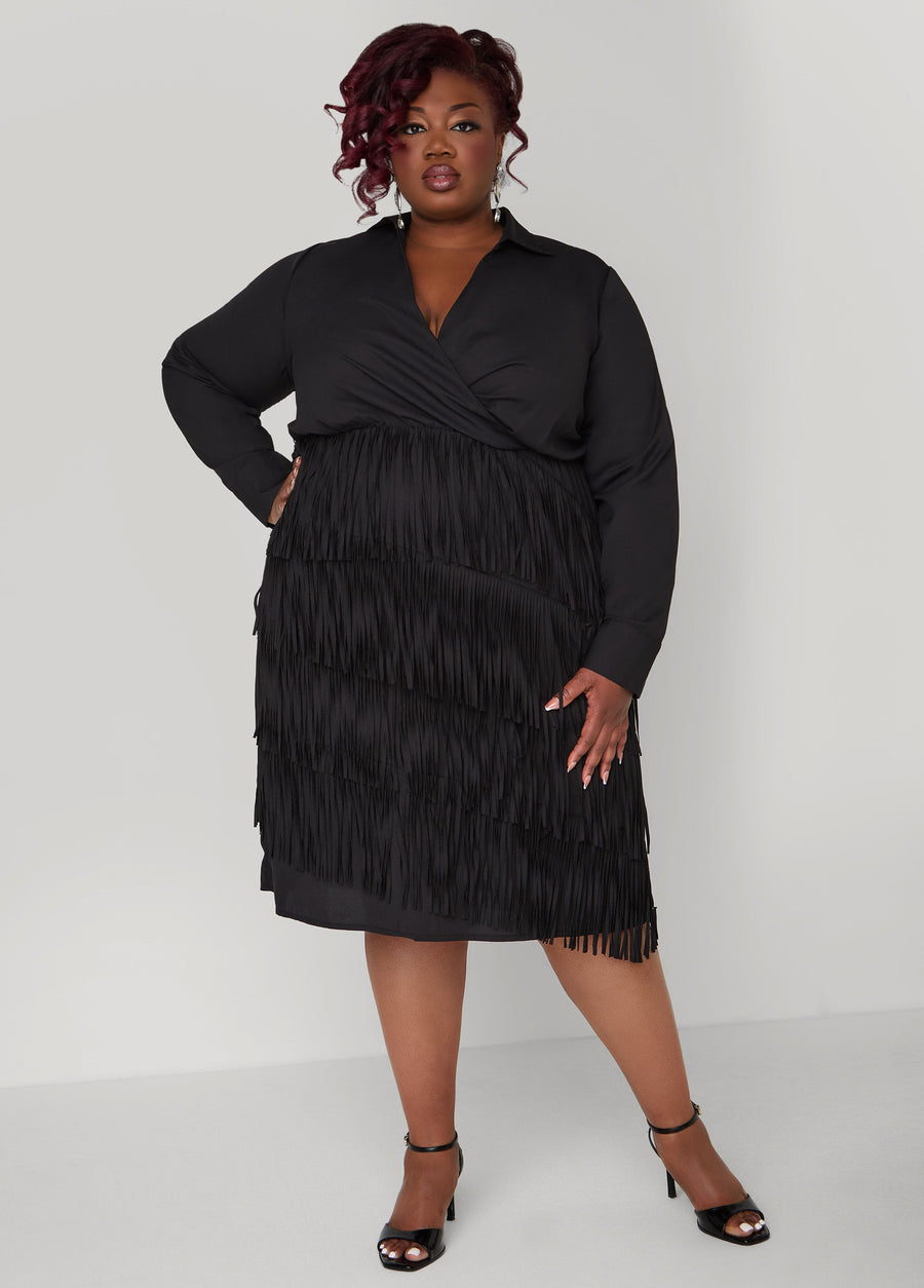 Plus Size Fringed Faux Wrap Dress