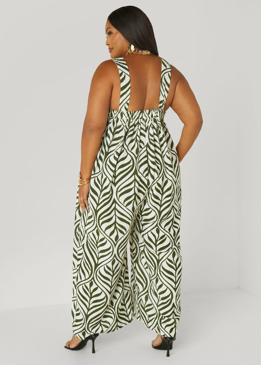 Leaf Print Wide Leg Jumpsuit