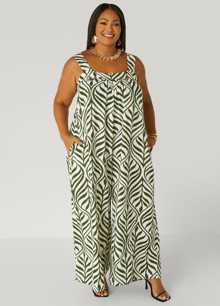 Plus Size Leaf Print Wide Leg Jumpsuit