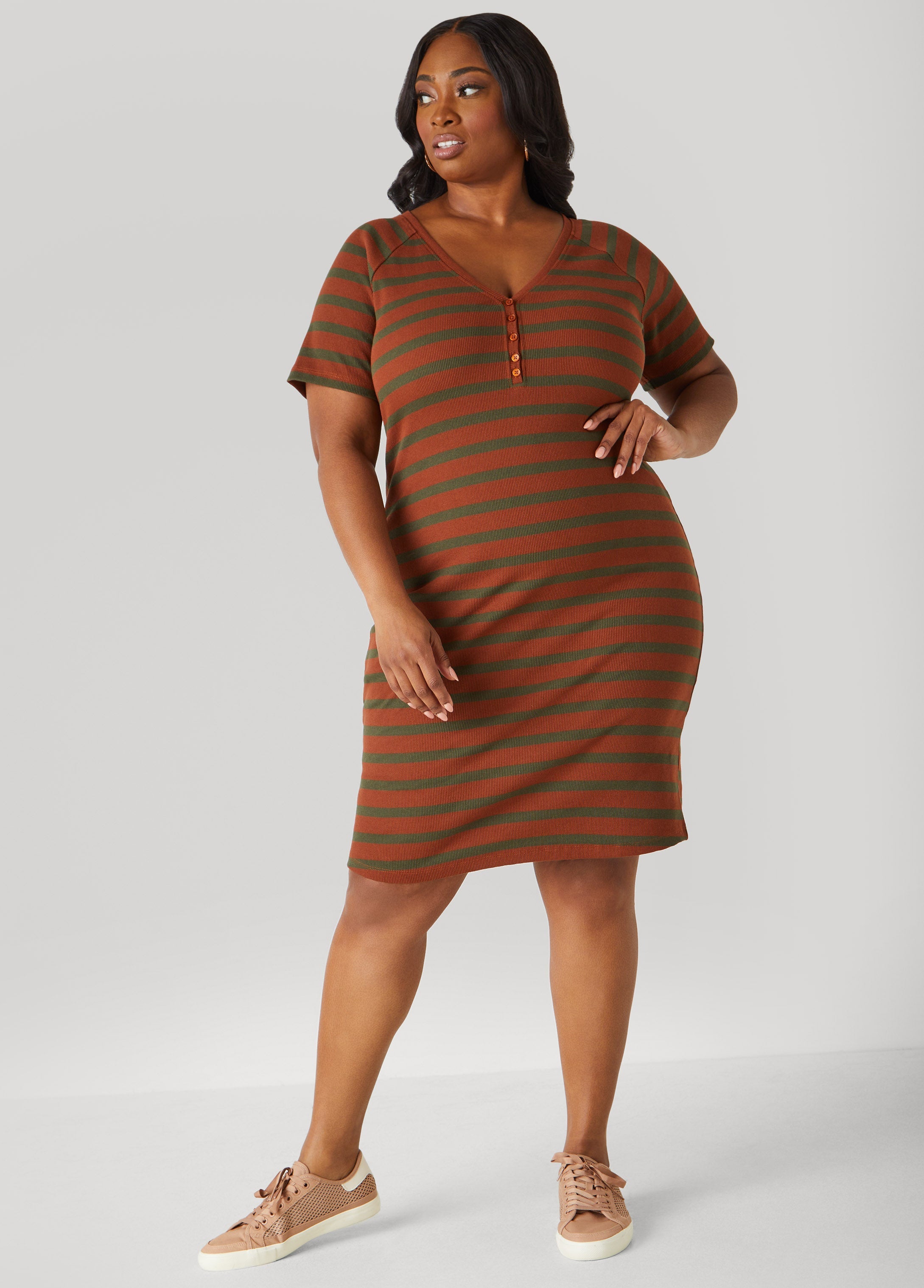 Plus Size Ribbed Striped T Shirt Dress