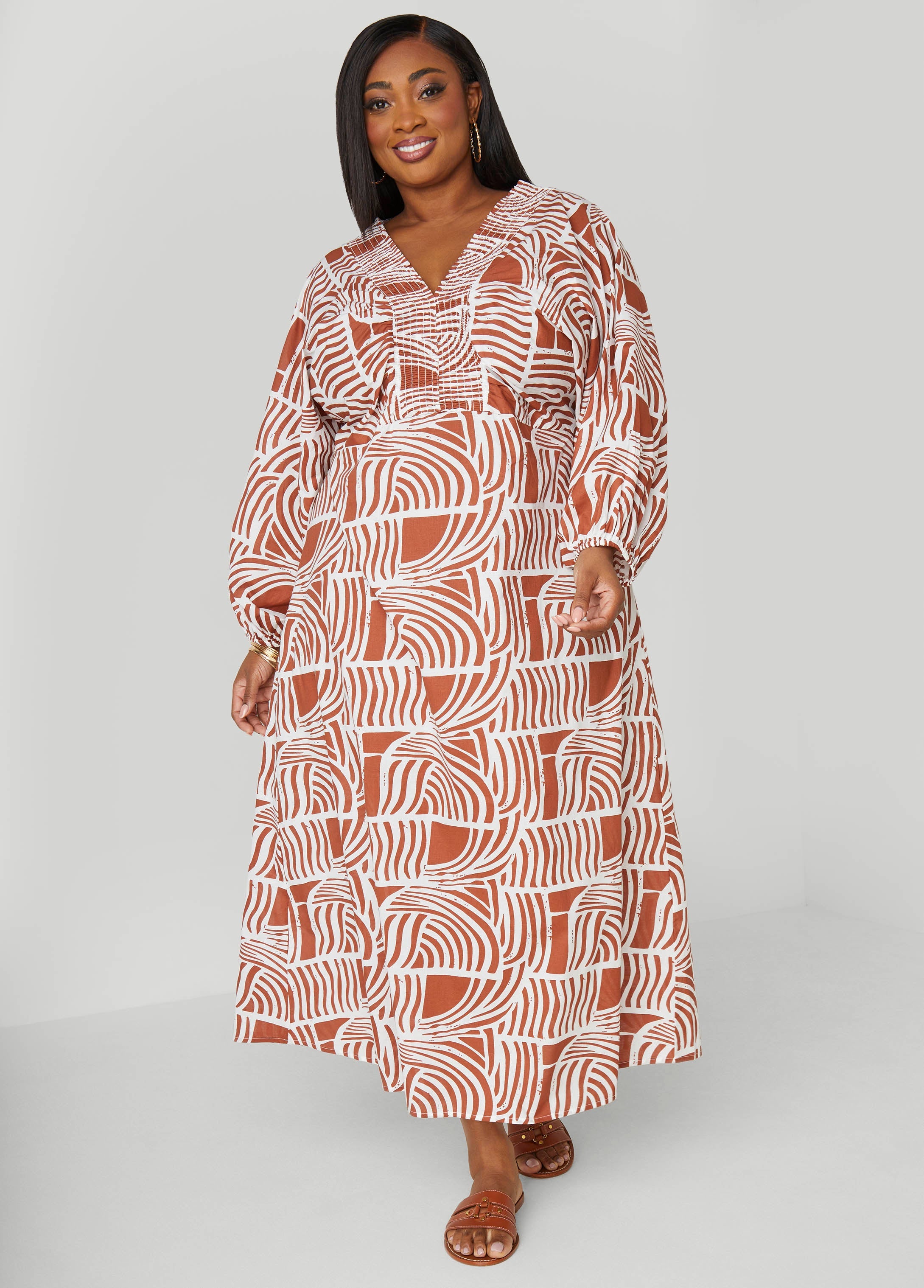 Plus Size Printed Shirred Cotton Dress