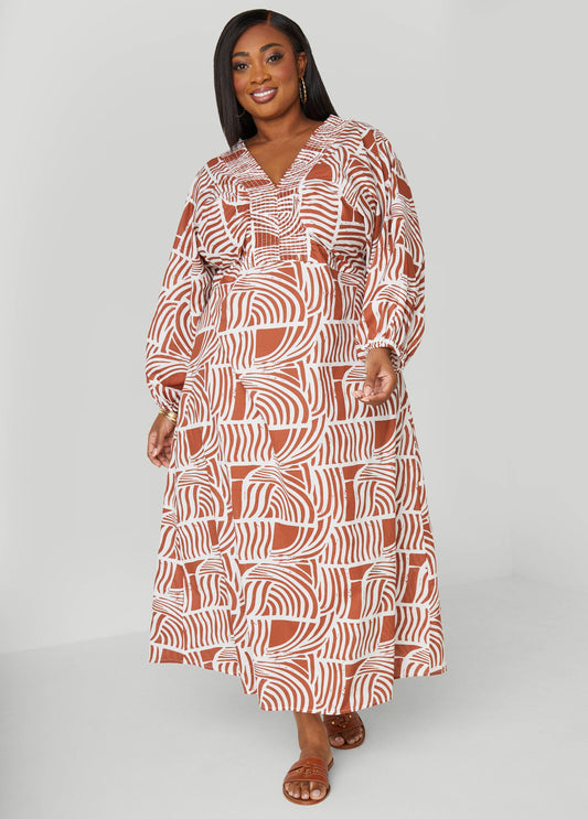 Plus Size Printed Shirred Cotton Dress