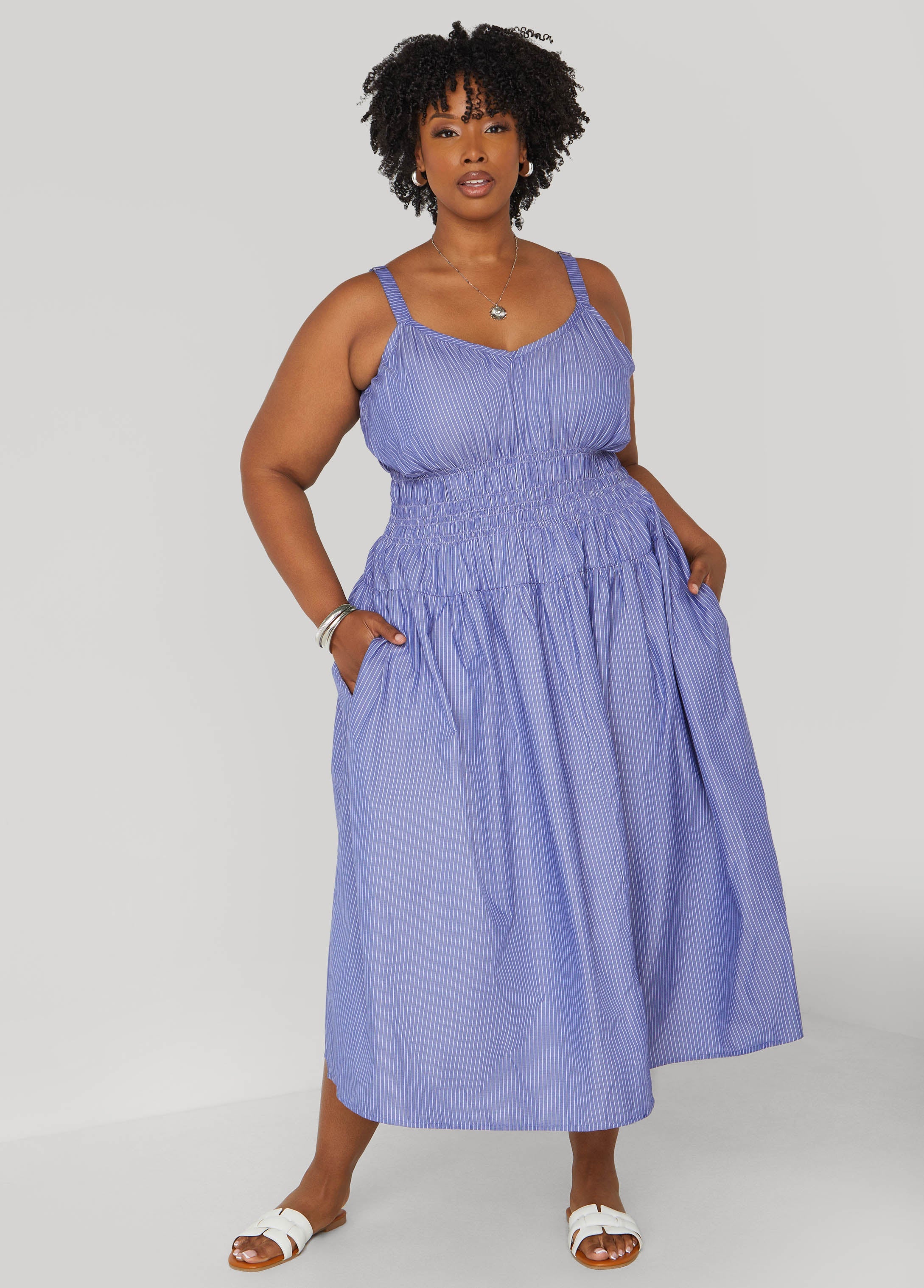 Plus Size Shirred Striped Midaxi Dress