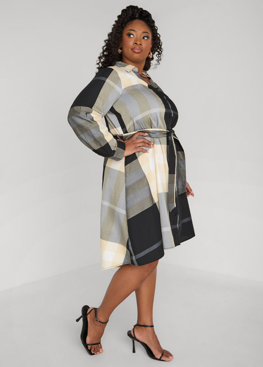 Plus Size Plaid Shirtdress Plus Size Cotton High Low Fit Flare Dress