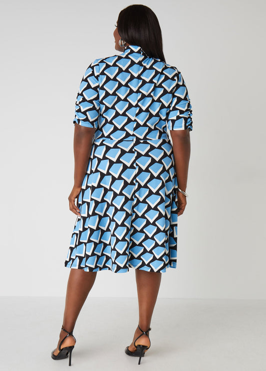 Geometric Colorblock Shirtdress with Tie Neck