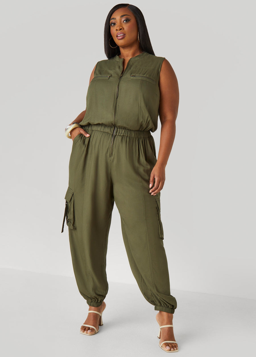 Plus Size Zip Front Utility Joggers Jumpsuit
