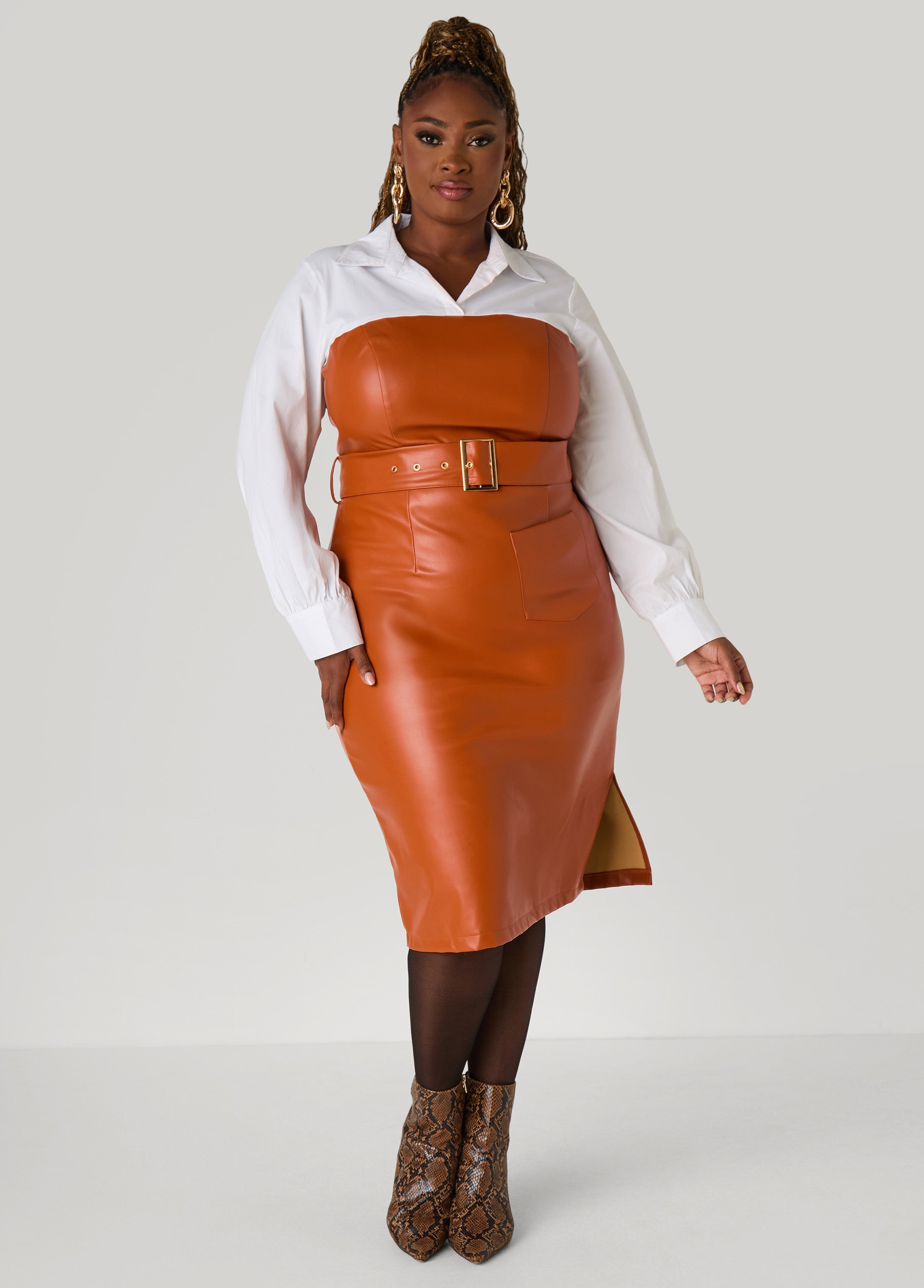 Plus Size Leather Sheath Dress Plus Size Camel Leather Midi Dress