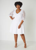 White V-Neck Fit and Flare Mini Dress with Puff Sleeves