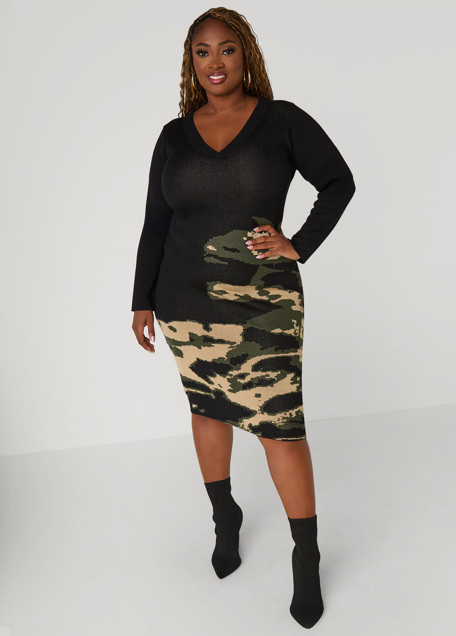 Plus Size Camo Intarsia Sweater Dress