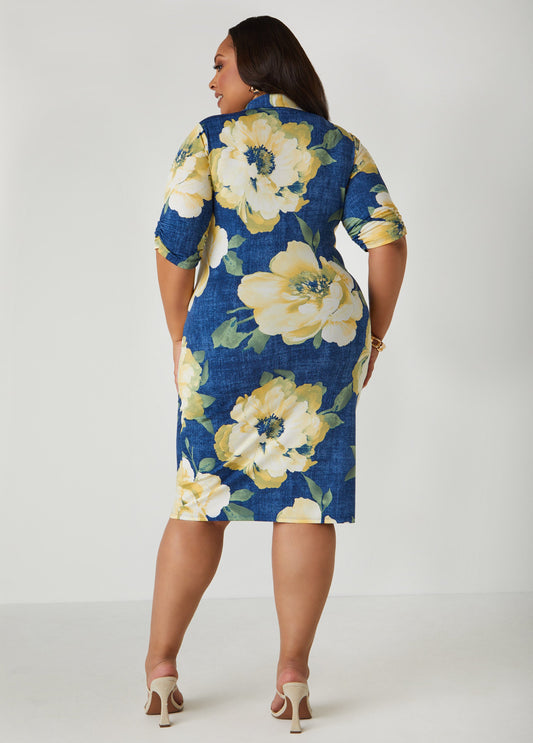 Navy Floral Button-Front Shirtdress