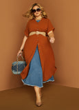 Plus Size Textured Dress Summer Orange Green Shirtdress Maxi Dress