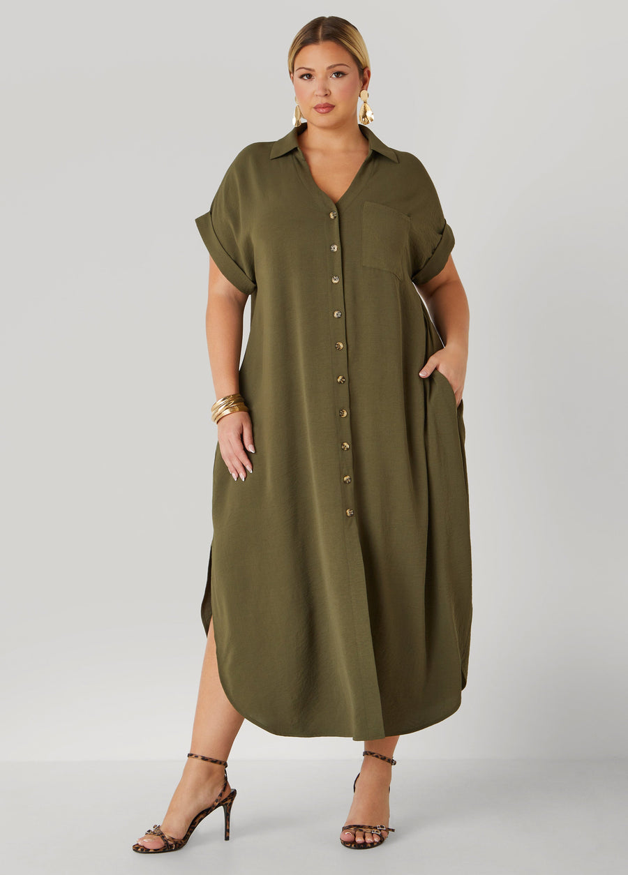 Plus Size Textured Dress Summer Orange Green Shirtdress Maxi Dress