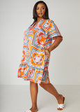 Orange Geometric Shirtdress with Ruffled Hem