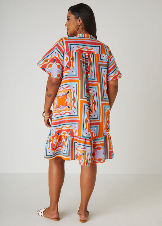 Orange Geometric Shirtdress with Ruffled Hem