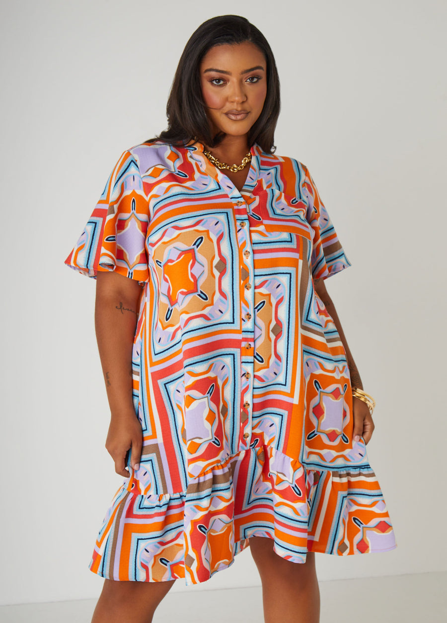 Plus Size Printed Flounced Shirtdress