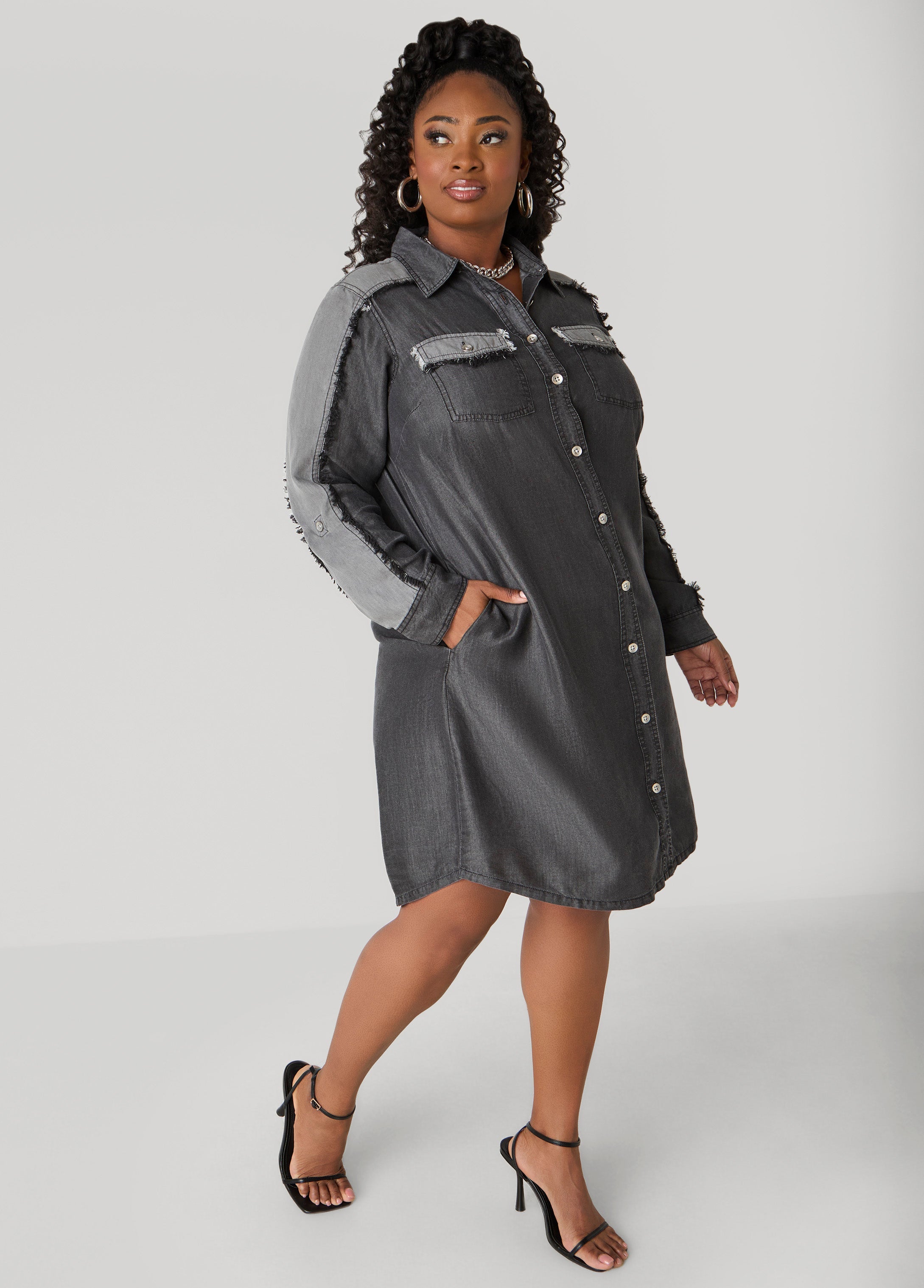 Plus Size Two Tone Denim Dress Knee Length Jean Dress Chambray Dress