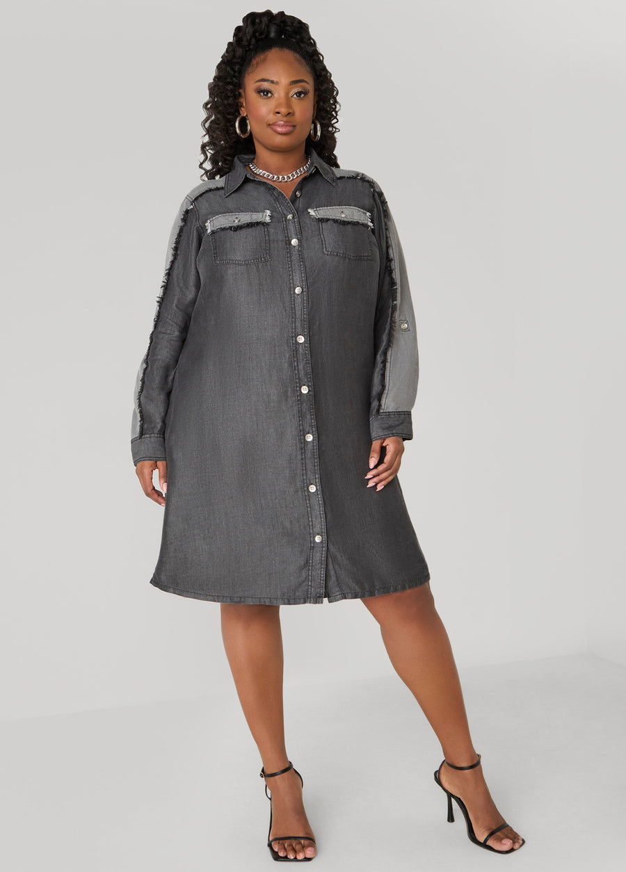 Plus Size Two Tone Denim Dress Knee Length Jean Dress Chambray Dress