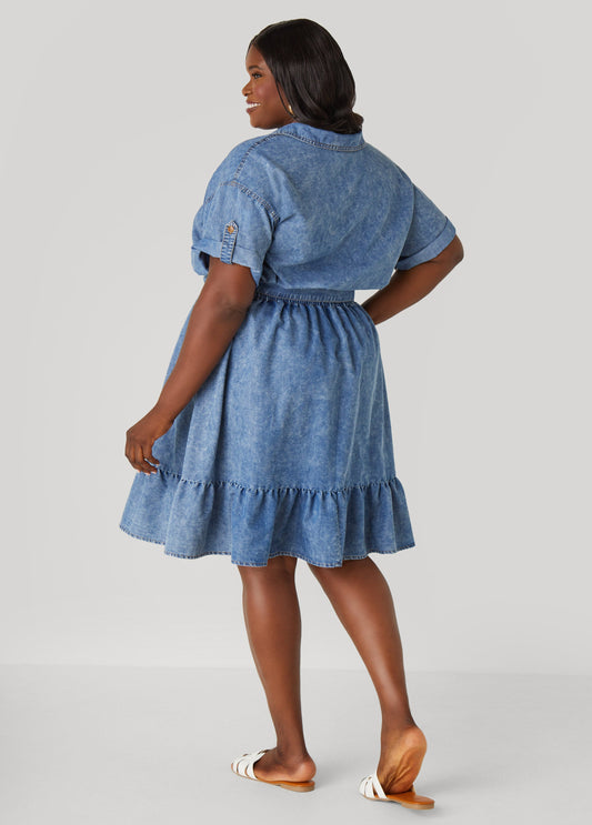 Flounced Stonewash Denim Dress