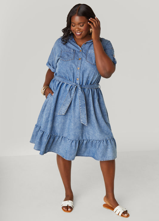 Plus Size Flounced Stonewash Denim Dress